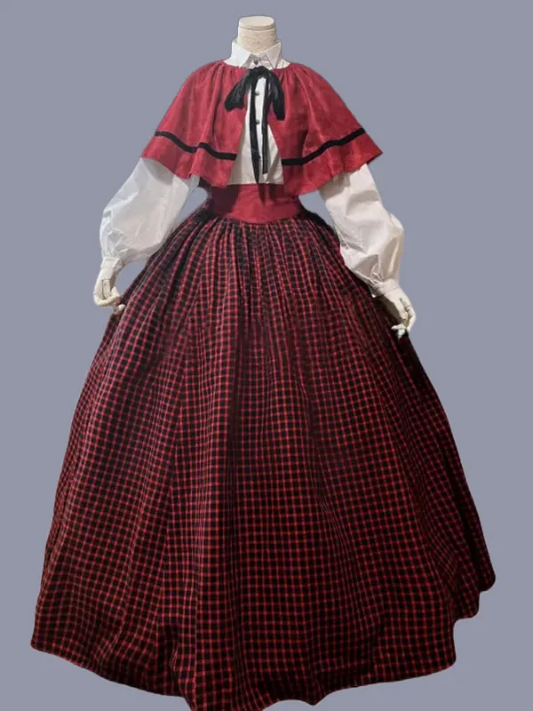 Red  Retro Tudor Dress Costumes  Women's Plaid Ruffles Polyester Marie Antoinette Costume Tunic Dress Cloak Retro Party Prom Dre